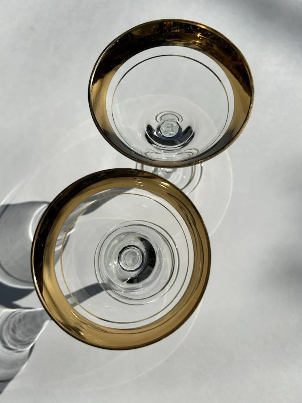 Vintage Set of Two Large Blown Glass Champagne Coupe Wide Gold Rim Glasses MCM